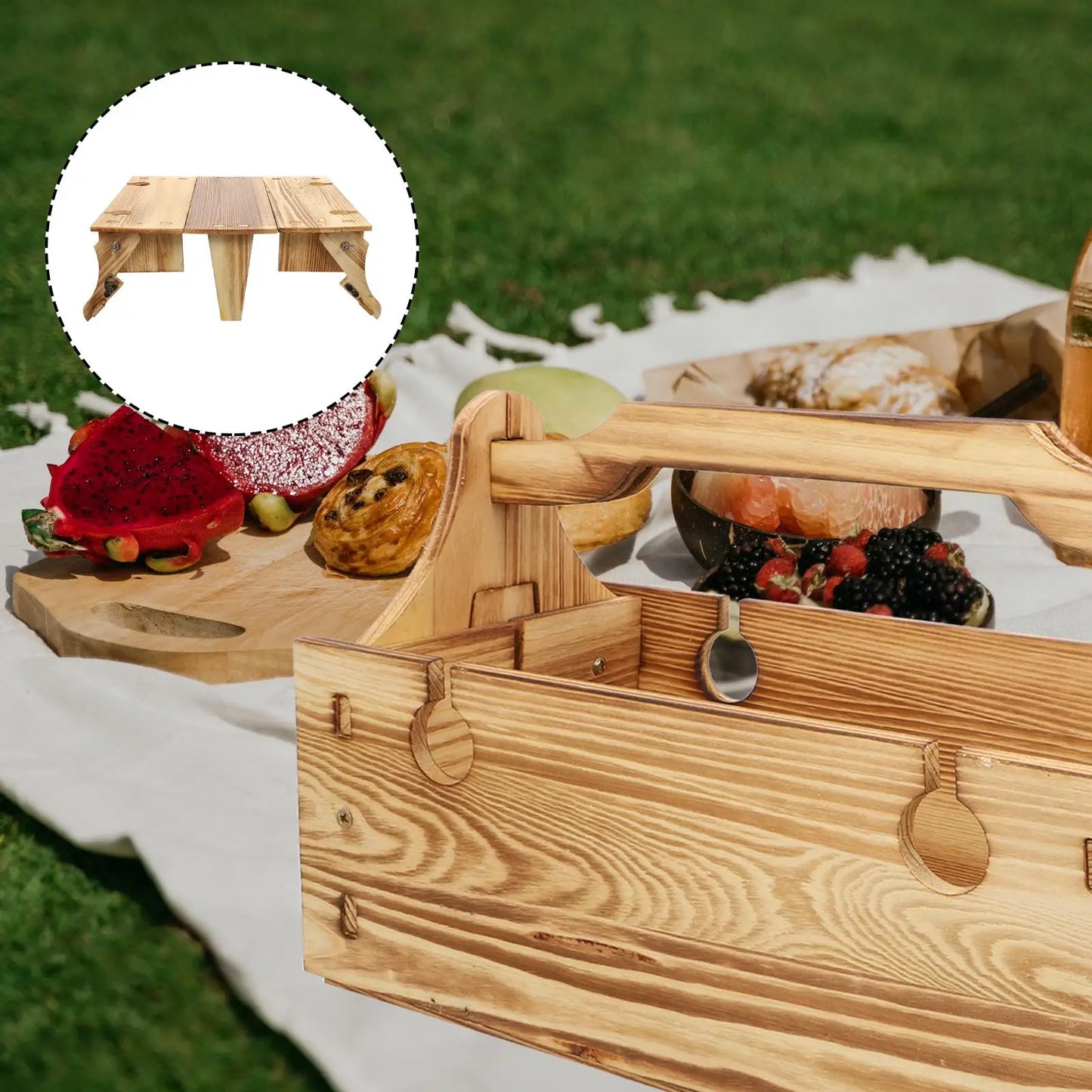 Foldable Picnic Table Wood Desk Small Basket Outdoor Dining Travel Folding Storage Random Color Camping Table Garden Furniture