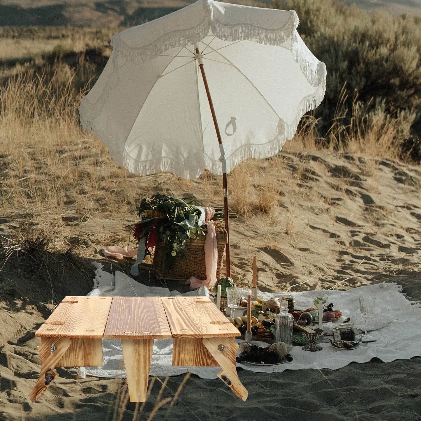 Foldable Picnic Table Wood Desk Small Basket Outdoor Dining Travel Folding Storage Random Color Camping Table Garden Furniture