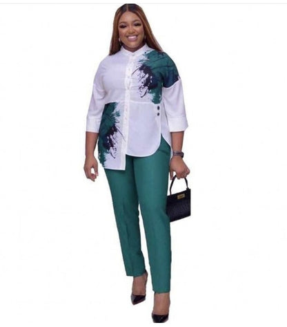 New African Women Fashion Suits Print Shirt and Pants Set