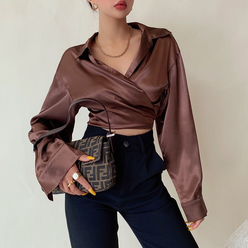 Liviahome Glossy Satin Bandage Shirt Women''s Summer Thin