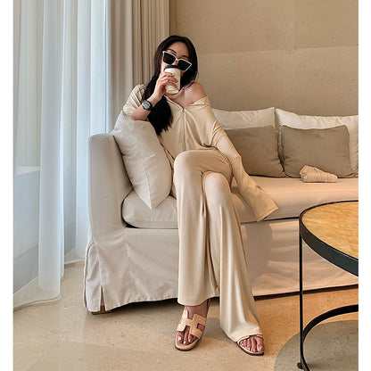 Cream Color Casual Sports Suit Women Summer Two-piece Jacket Straight-leg Pants