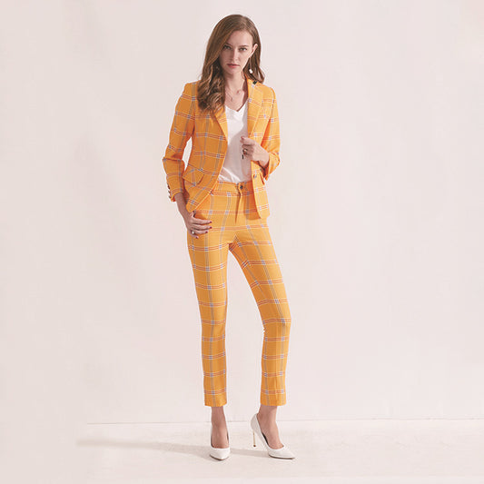 Plaid Yellow Small Suit Jacket Slim Slimming Trousers Two-piece Suit