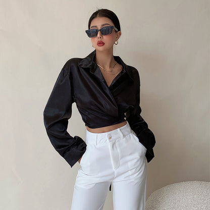 Liviahome Glossy Satin Bandage Shirt Women''s Summer Thin