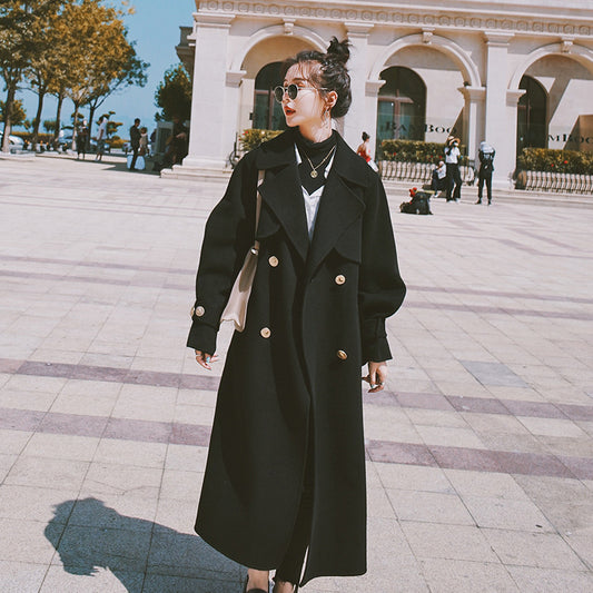 Black Hepburn Wind Woolen Coat Women Look Thin