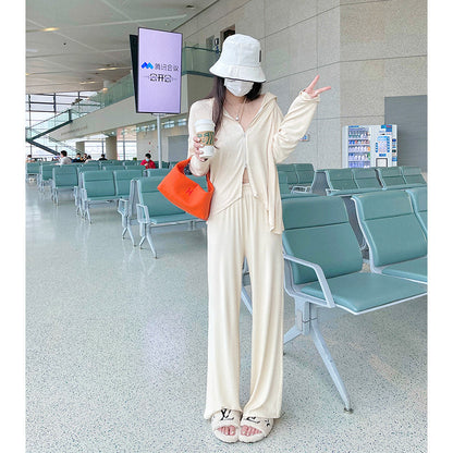 Cream Color Casual Sports Suit Women Summer Two-piece Jacket Straight-leg Pants