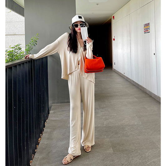 Cream Color Casual Sports Suit Women Summer Two-piece Jacket Straight-leg Pants