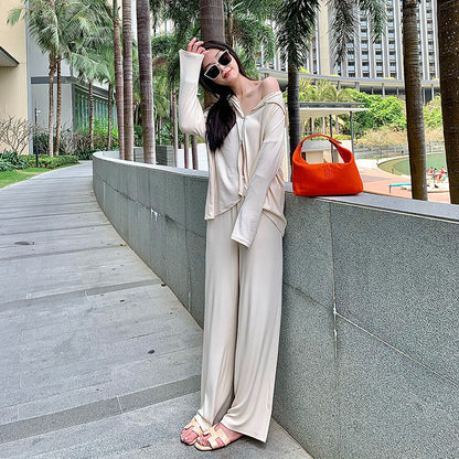 Cream Color Casual Sports Suit Women Summer Two-piece Jacket Straight-leg Pants