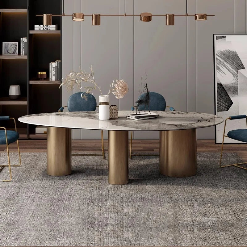 Italian Luxury Stainless Steel Dining Table, Oval Imported Stone Tabletop, Trending Villa Home Design, Corrosion/Heat/Easy-Clean