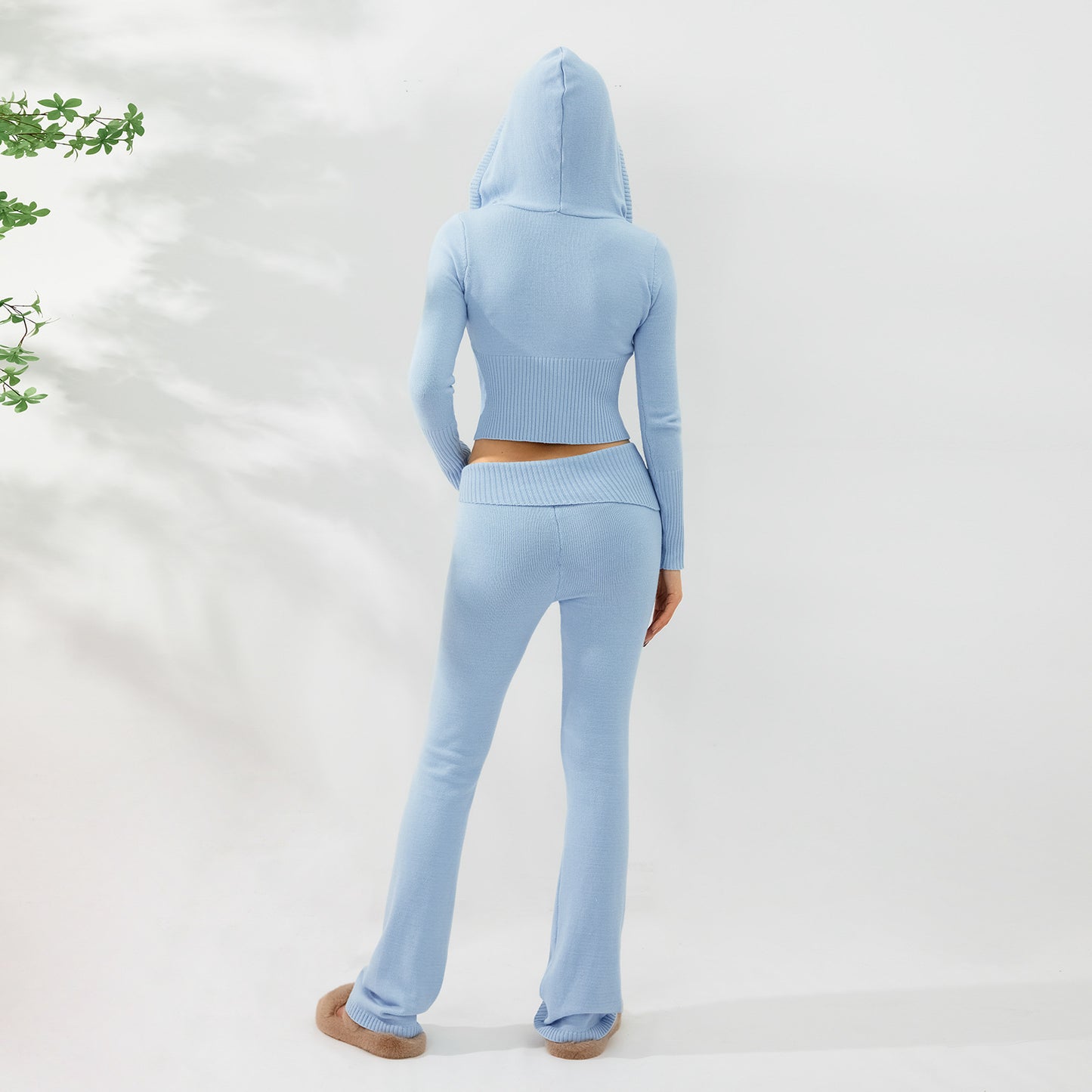 2pcs Knitted Hooded Suits Women's Long-sleeved Cardigan And High Waisted Trousers Clothing