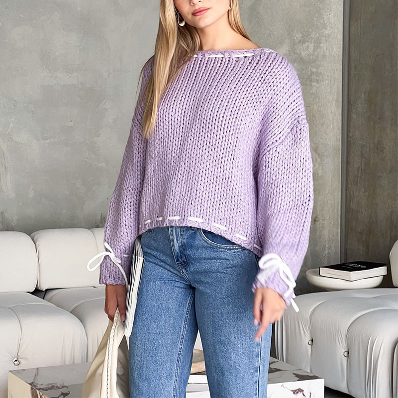 Bowknot Pullover Sweater Fashion Y2K Long Sleeve Loose Knitted Top Women's Clothing